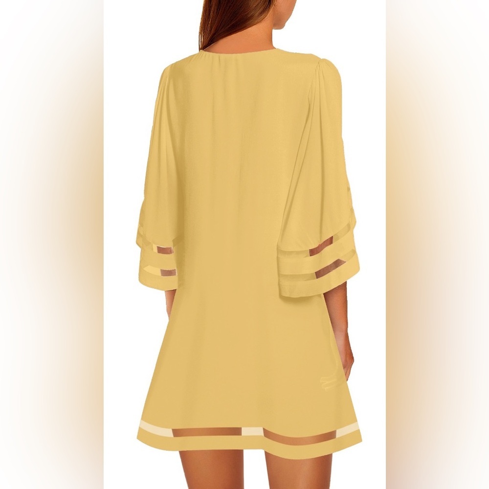 Women's Casual Knee Length Crewneck Mesh Panel Loose Dress in Desert Dust - Picture 2 of 9